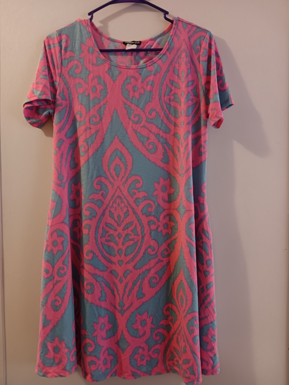 Womens Heimish USA damask print neon pink gray swing dress size medium